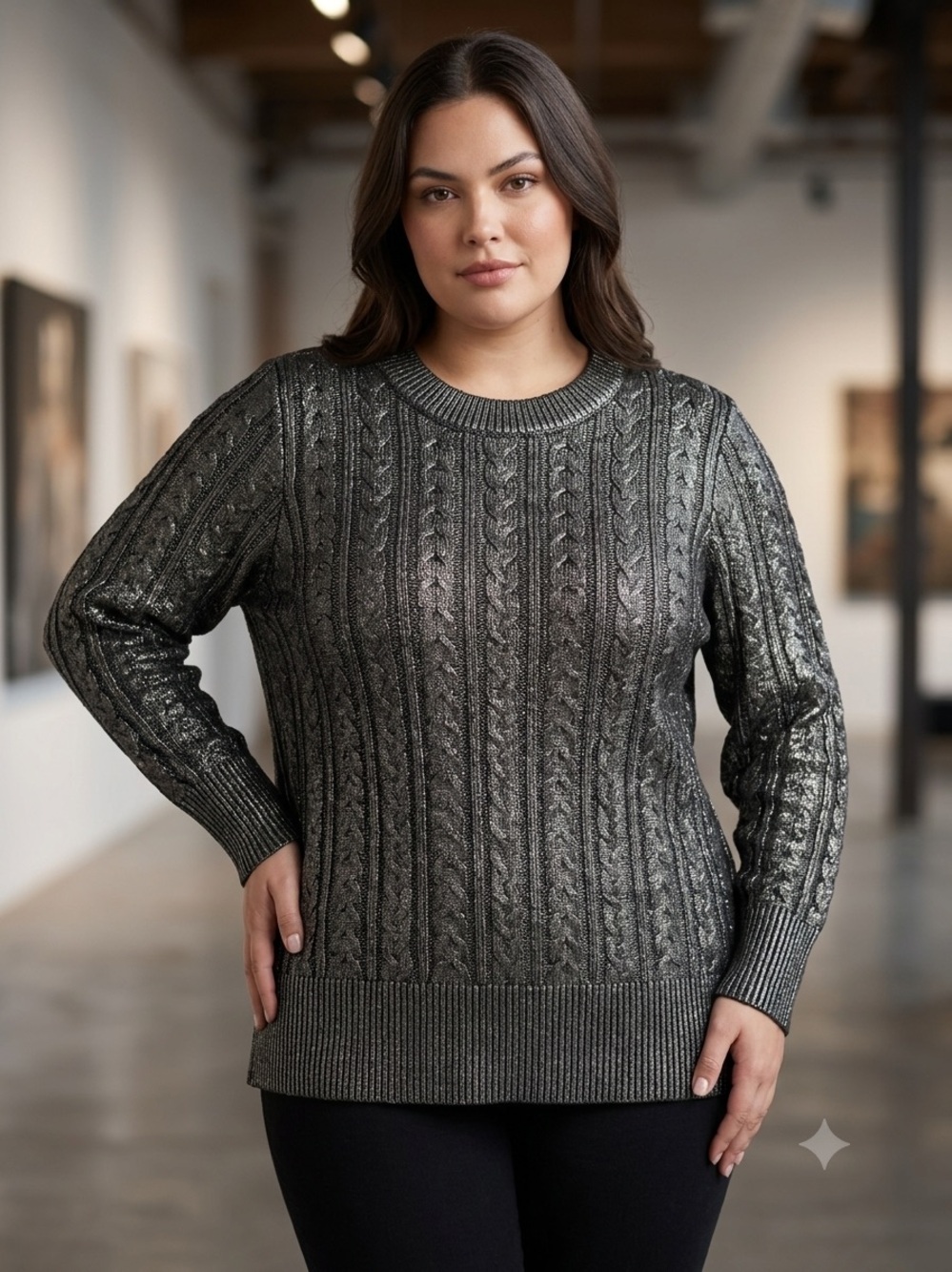 Addition Elle Metallic Charcoal Cable Knit Crew Sweater 1x